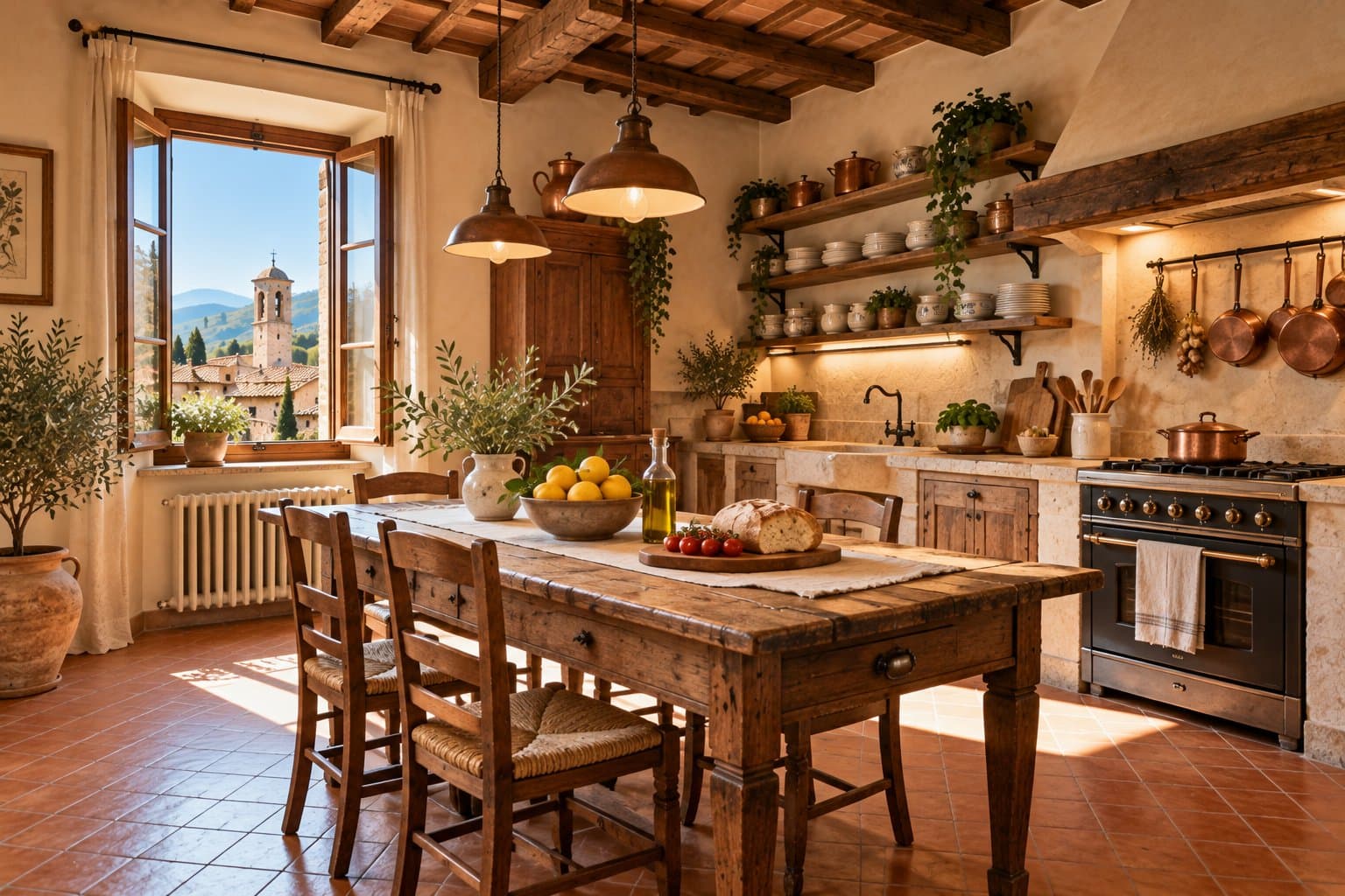 Cucina in stile rustico con tavolo di legno
