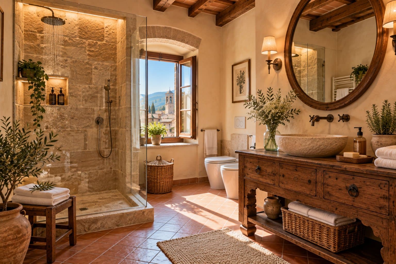 Bagno con doccia in pietra e lavabo antico