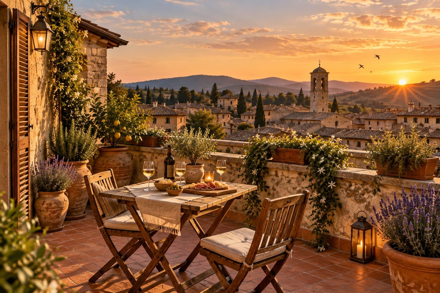 La terrazza sui tetti con vista sulle colline
